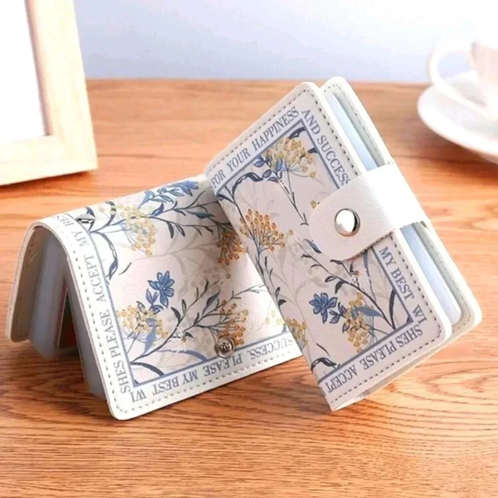 Folding floral billfold clasp pocket book card holder picture book white blue